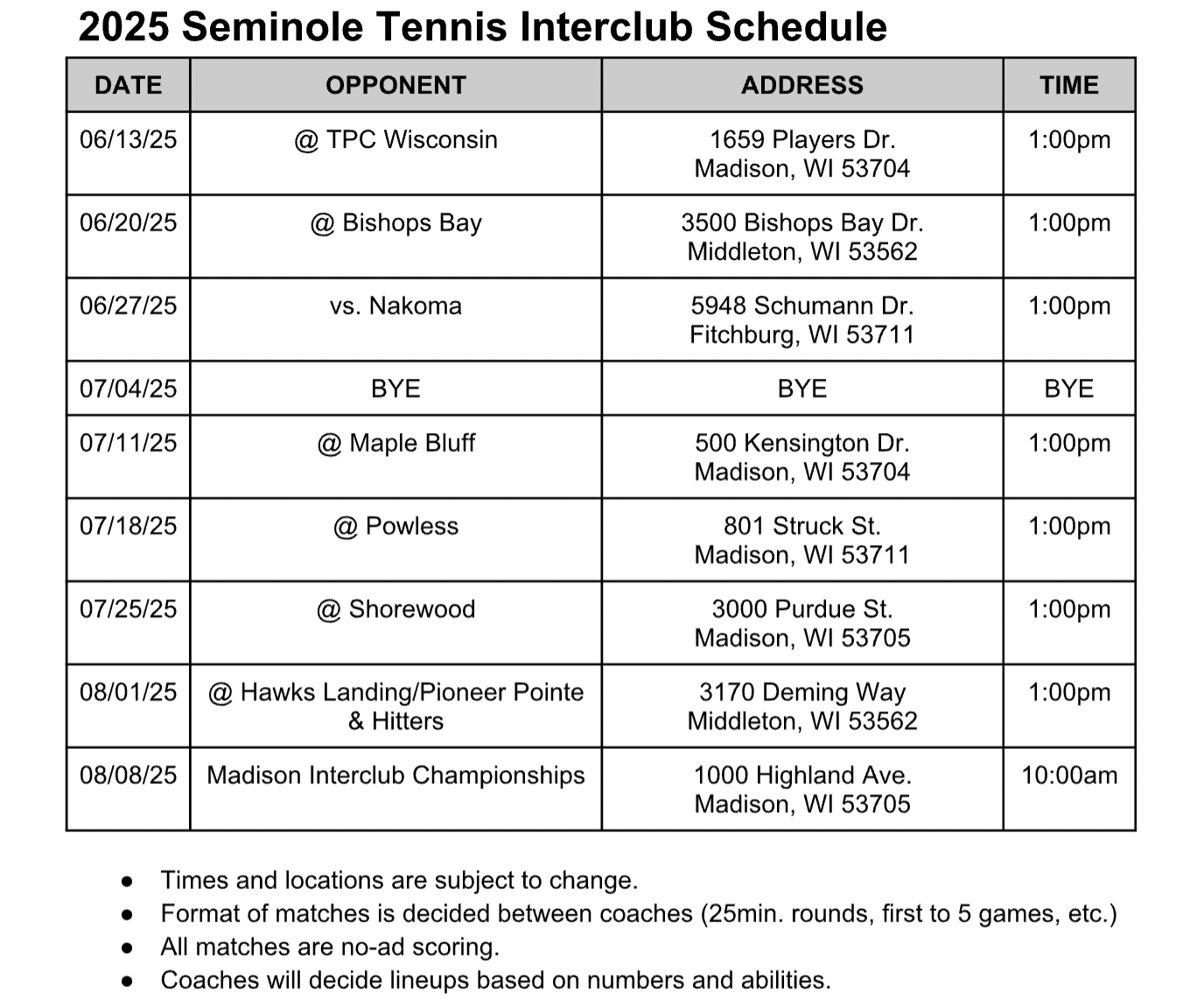 Interclub Tennis Schedule 2025