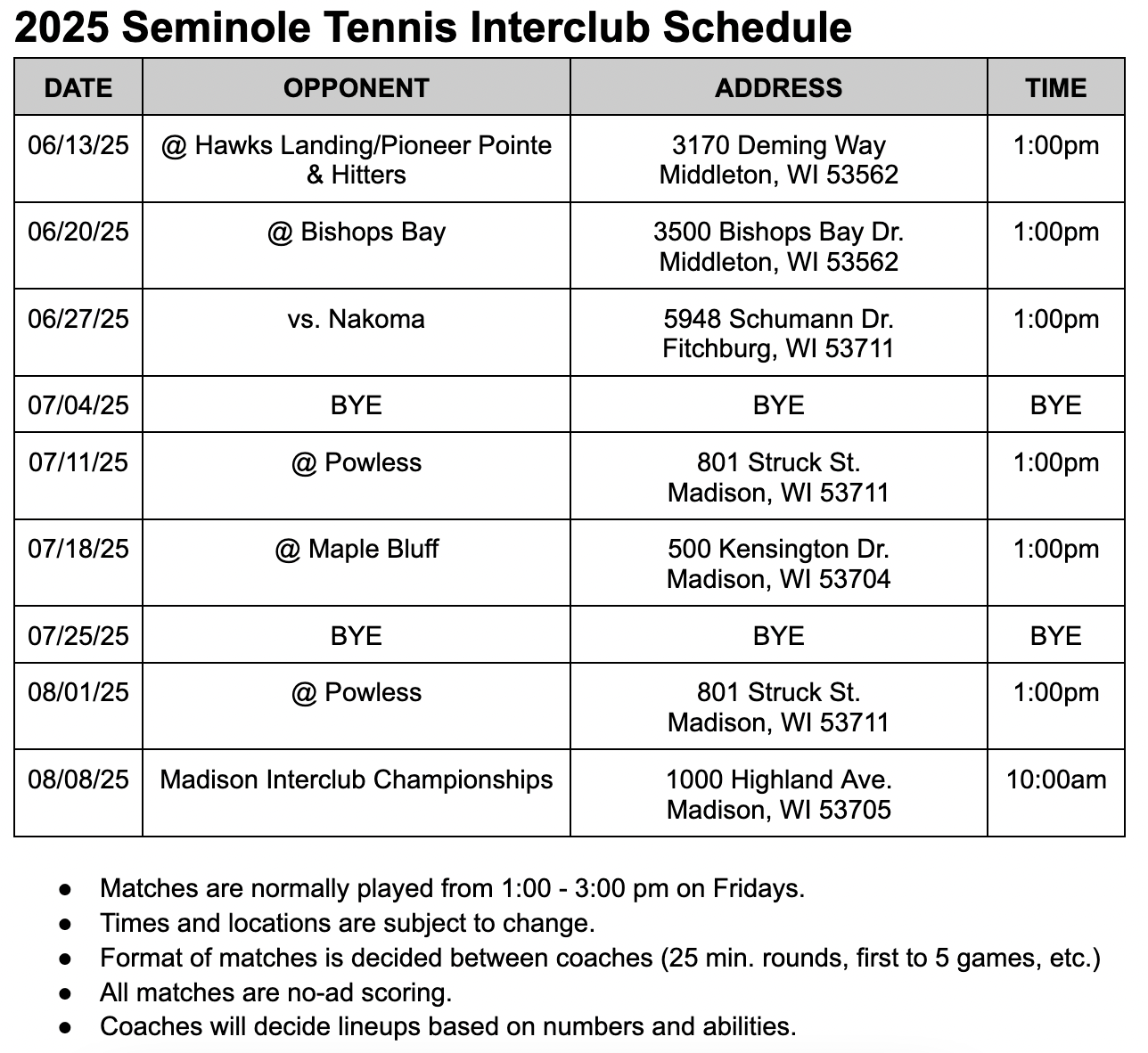 Interclub updated schedule